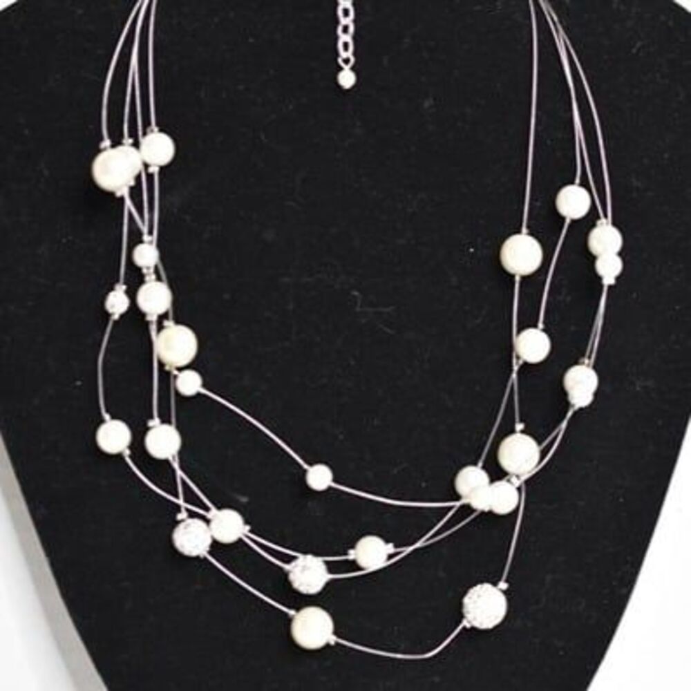 Floating Rhinestone/Faux Pearl 4Strand Beaded Silver Tone Wire Necklace Like New